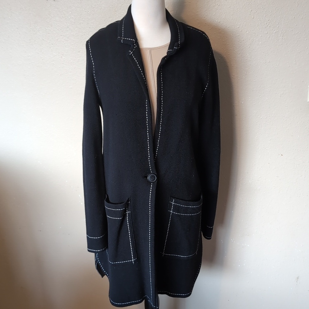 Tribal Long Lined Knit Blazer with White Stitching Details